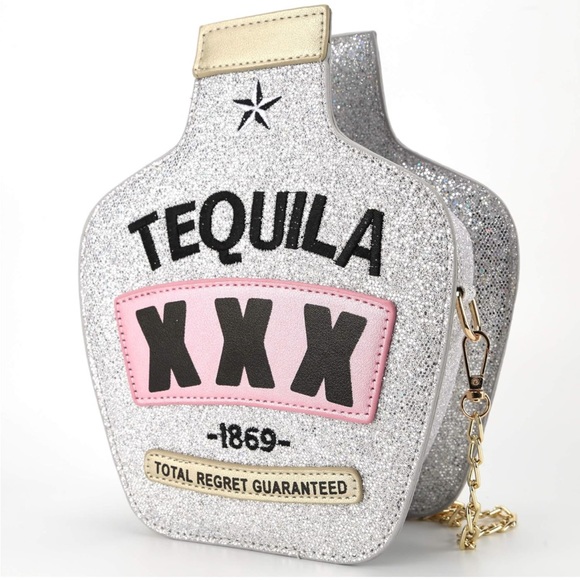 NEW “Tequila” Crossbody Chain Strap Bag Glitter Silver Gold Pink Sparkly Novelty - Picture 3 of 7